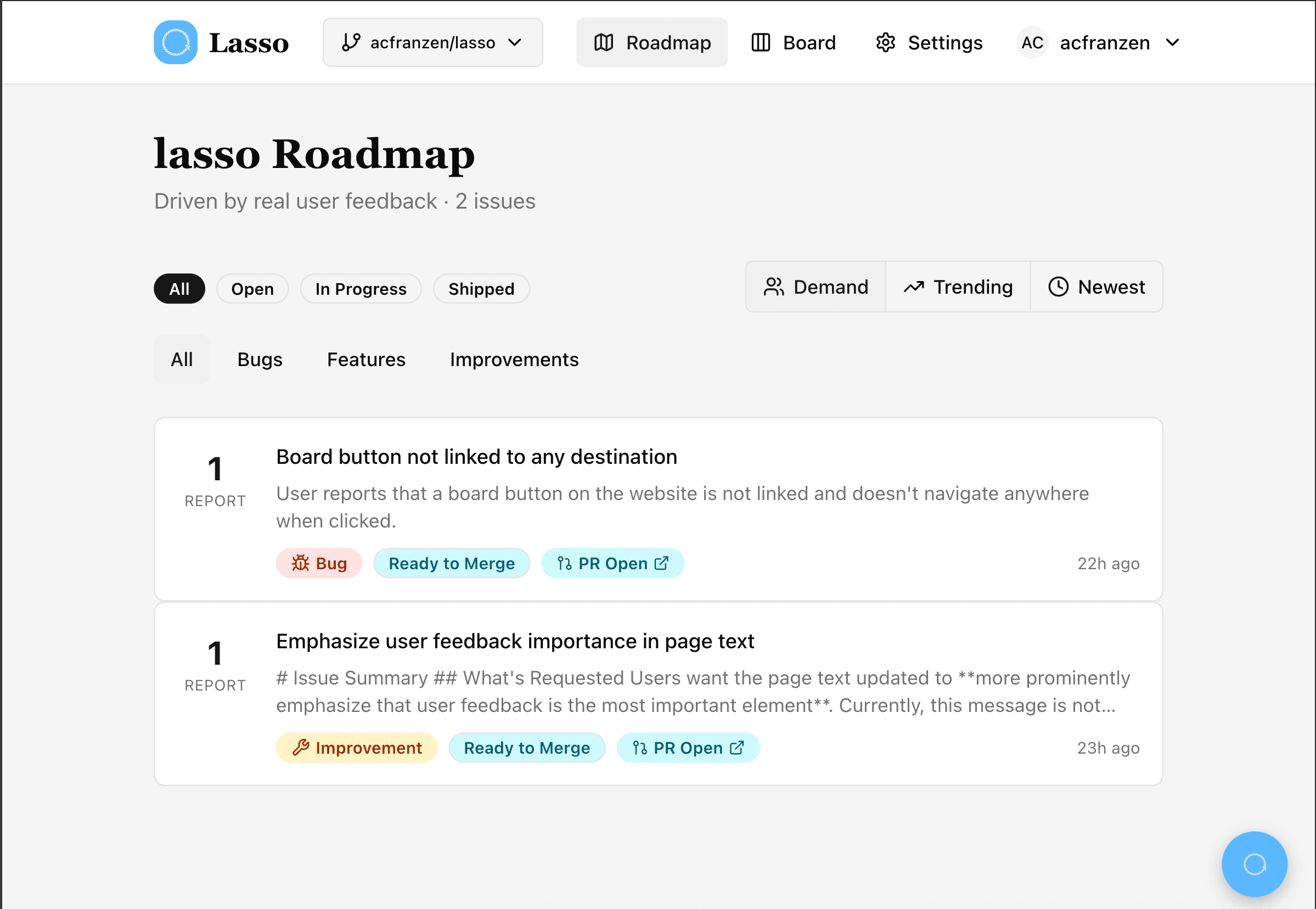 Lasso roadmap view